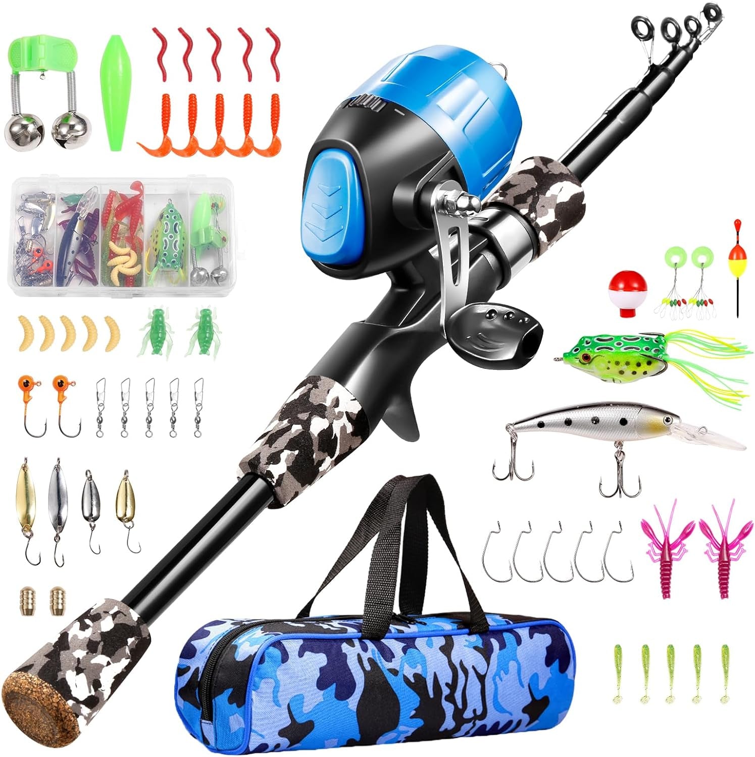 Kids Fishing Pole - Telescopic Fishing Rod and Reel Combo Kit - Fishing Gear, Fishing Lures, Carry on Bag, 70 Set Fully Fishing Equipment - for Boys, Girls, Youth