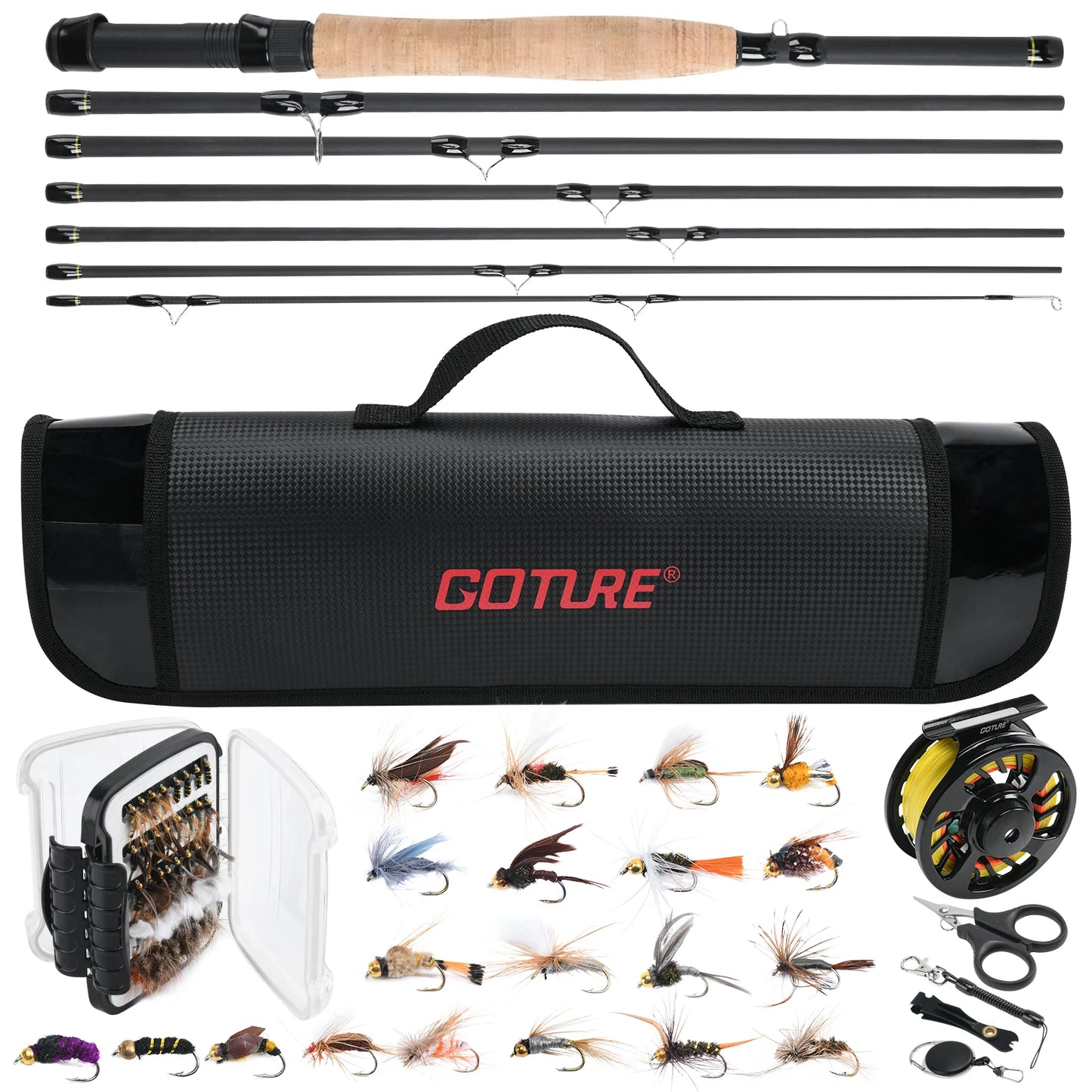 Goture 2.7m/9FT Fly Fishing Rod Set 5/6WT 8pcs Carbon Fiber Fly Rod Combo Portable Travel Feeder with Reel Fishing Tackle Bag